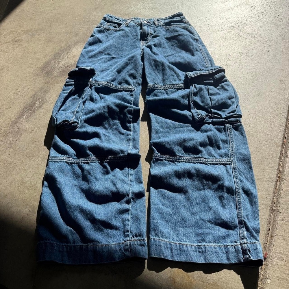 26x28 Blue Baggy Wide Leg Skater Cargo Jeans Y2K Grunge 2000s Vintage